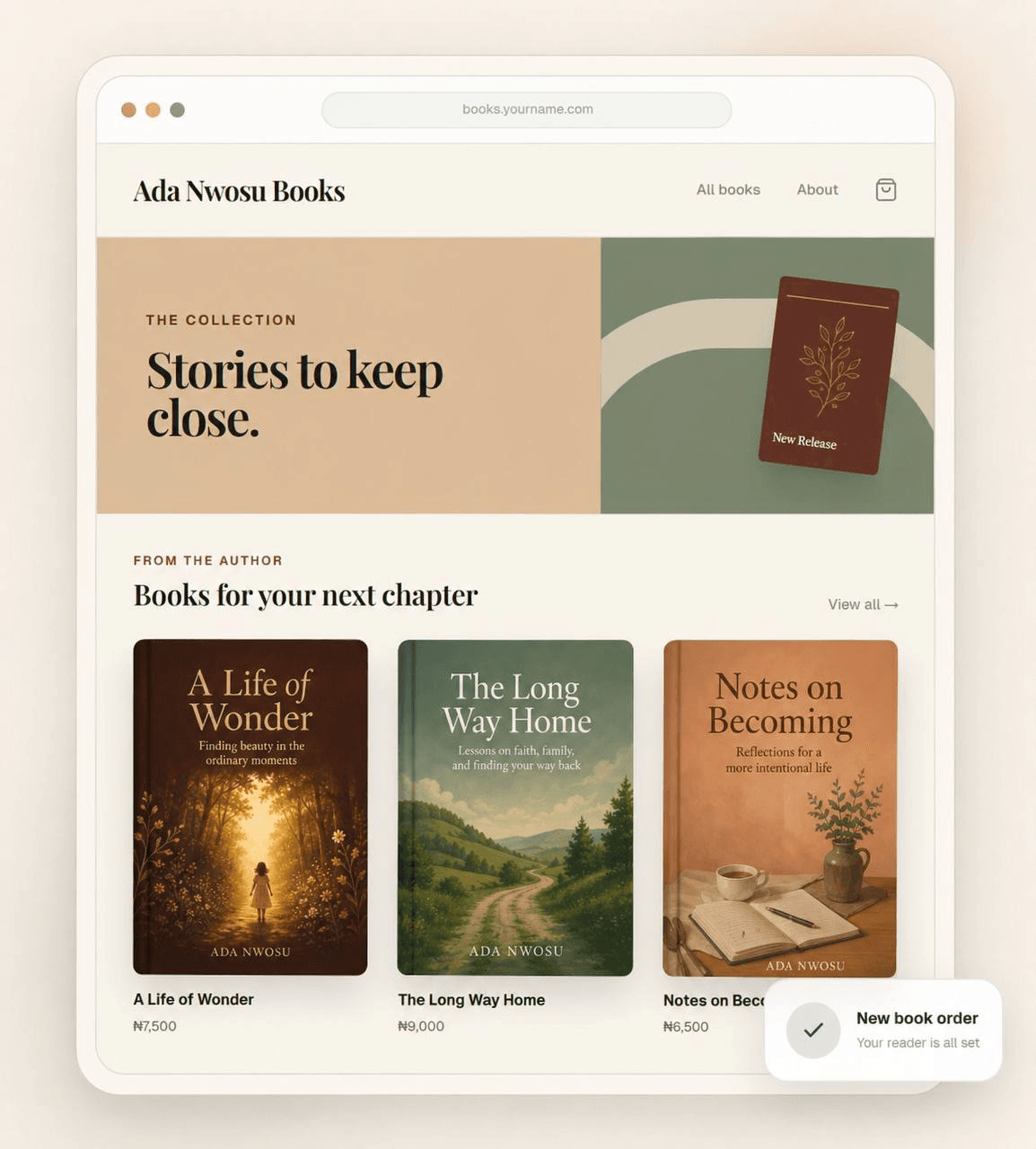 Preview of an Authora bookstore for Ada Nwosu, featuring three books and a new order notification